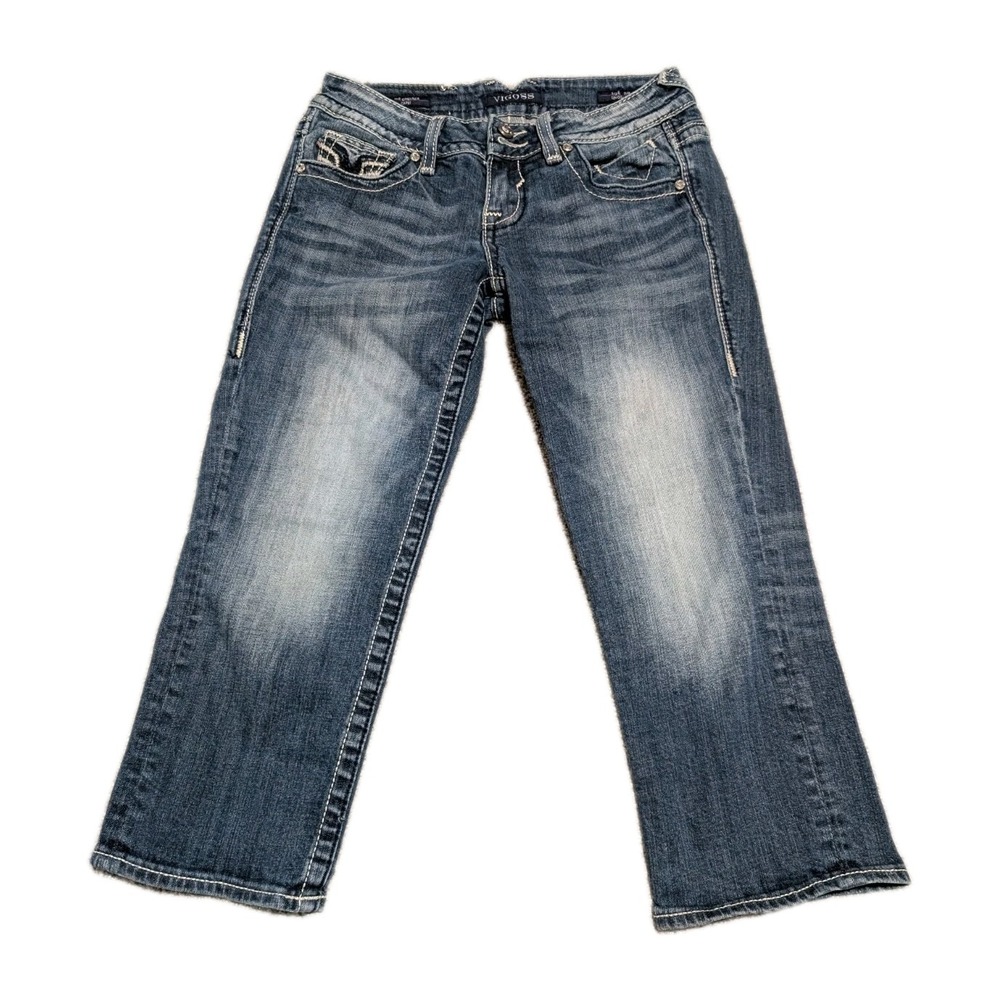 Vigoss Jeans Womens 3/4 21 L Blue The Dublin Capri Bling Heavy Stich Y2K